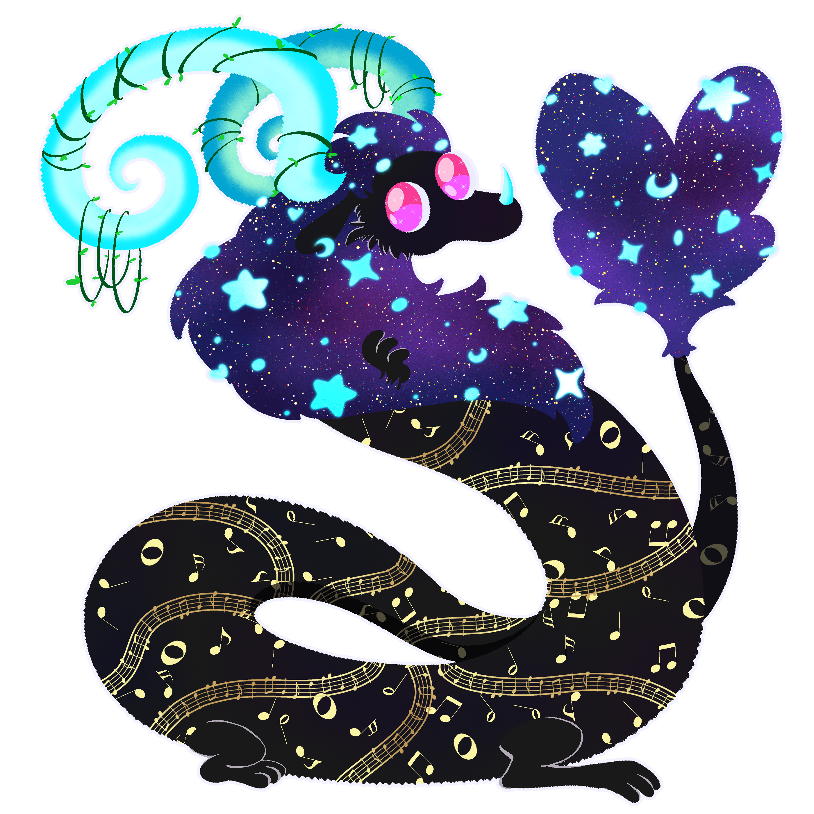 Retro is an Eastern dragon with a purple starry mane, a black body with golden music notes, neon blue curly horns, and big pink eyes.