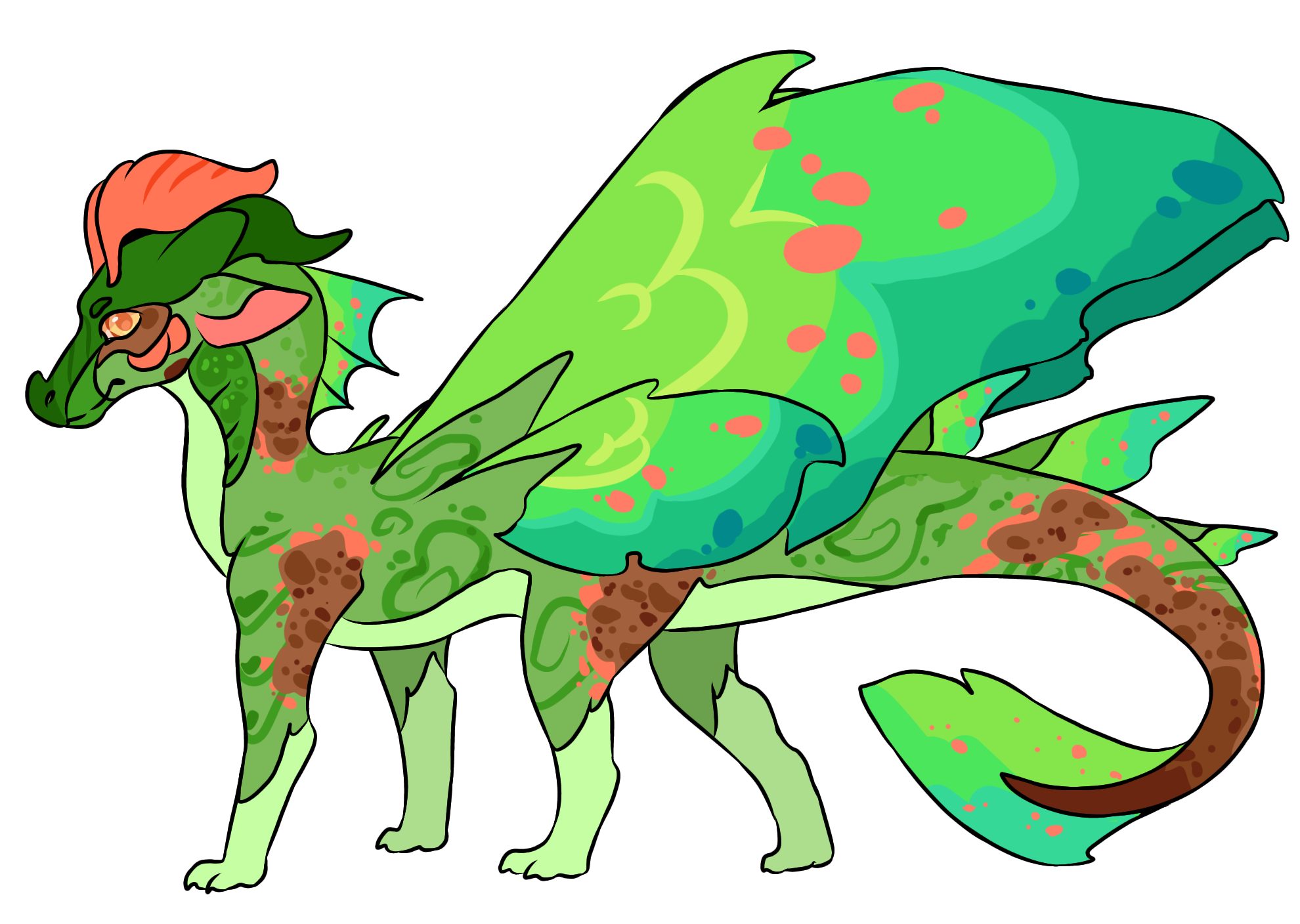 Rowan is a Leafwing and Silkwing hybrid. He has green scales with orange spots and brown splotches. He has darker green horns, thick orange antennae, orange eyes, and four wings.