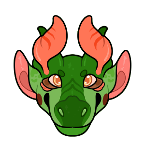 A headshot of Rowan. He is green with thick orange antennae and orange eyes.