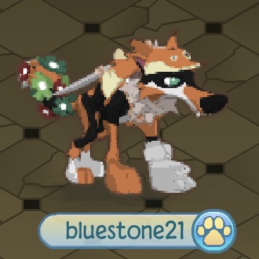 Rustyclaw is a black and white wolf with orange splotches and green eyes. The Animal Jam username is bluestone21.