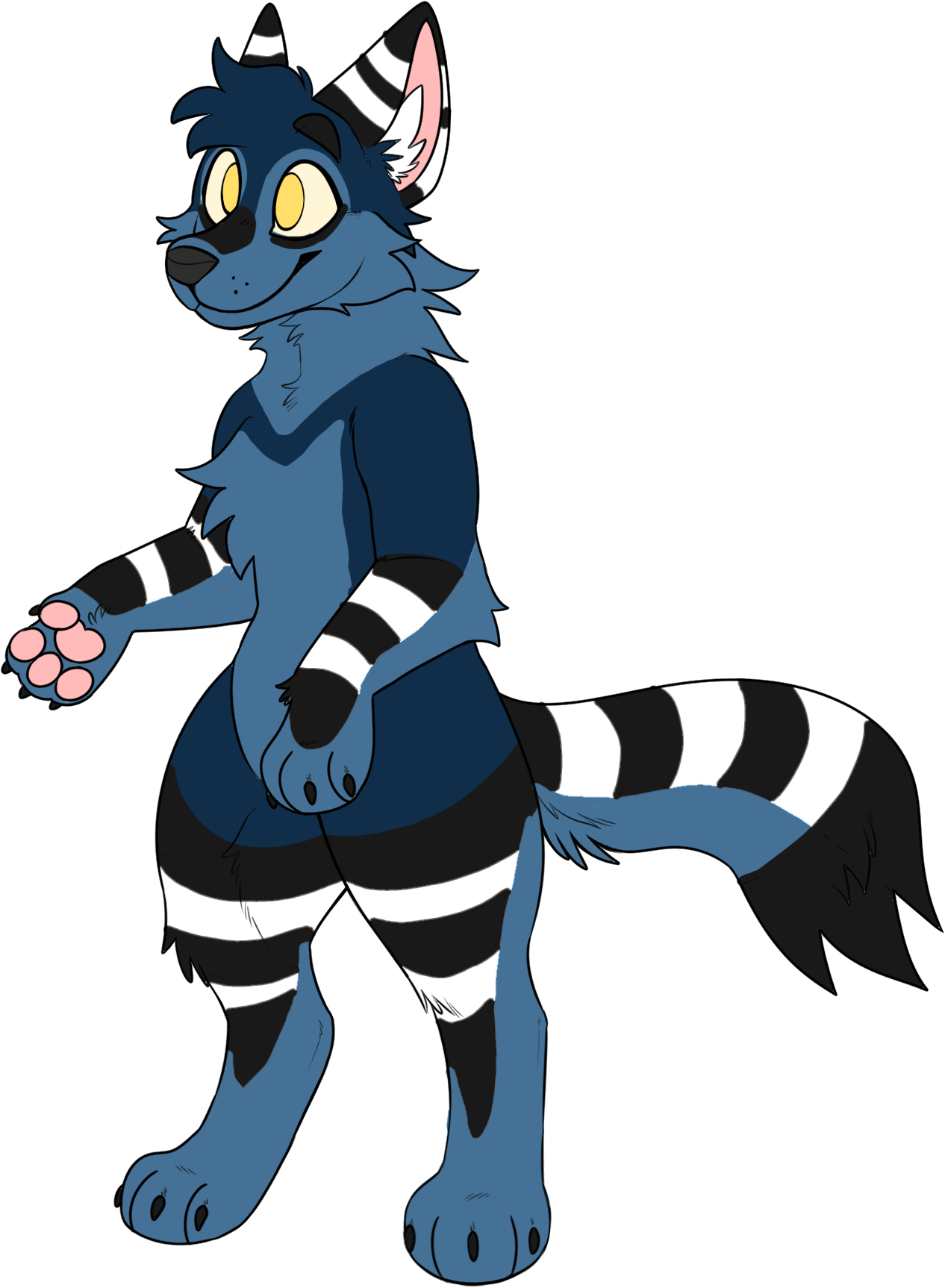 Blue is a blue anthro canine with black and white stripes in some places, as well as yellow eyes.