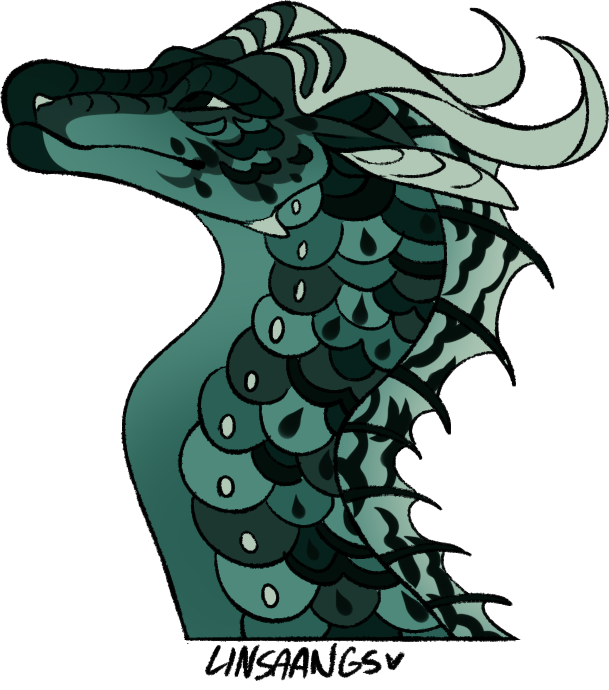 Monstera is a Leafwing and Nightwing hybrid. He has black, dark green, green, teal, and white scales. He has long, light green curly horns and teal eyes.