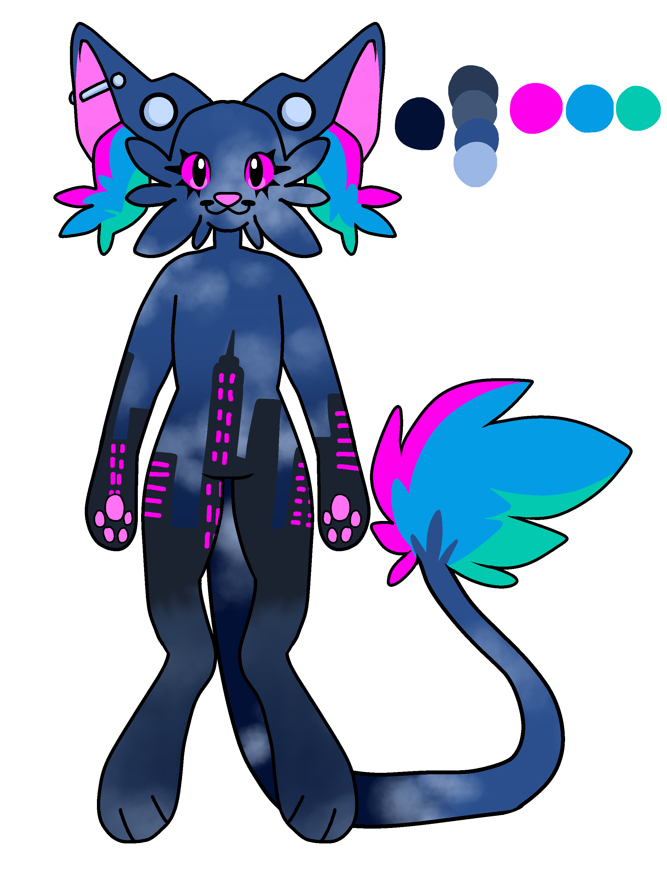 An anthro blue cat with green and pink. They have big ears, piercings, pink eyes, and a skyline of a city on their body.